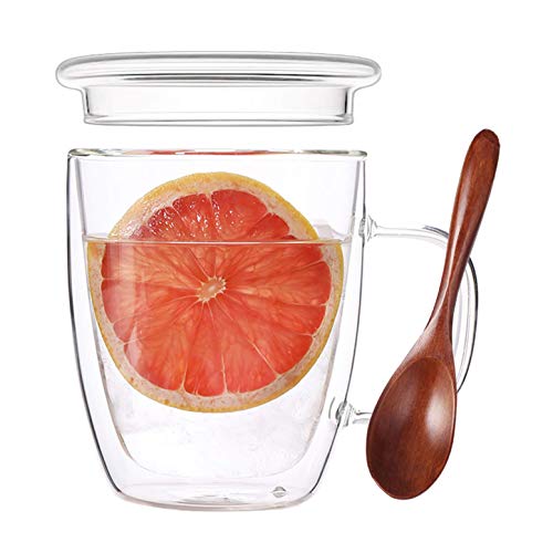 Vidrio de doble pared con tapa y asa, ultra claro taza con aislamiento térmico pared, Incluye Bolsa de té Silicona perfecta para beber un café/té/jugo, 470 ml / 16 oz