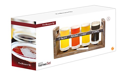 Vin Bouquet FIA 256 - Set de Cata de Cerveza con Bandeja de Madera y 4 Vasos de Cristal