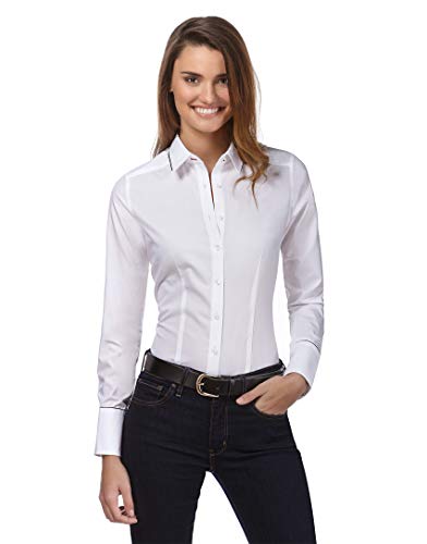Vincenzo Boretti Camisa de Mujer, Corte Ligeramente más angosto, 100% algodón, Manga-Larga, Lisa, fácil de Planchar, Cuello Kent, Elegante y clásica Blanco 38