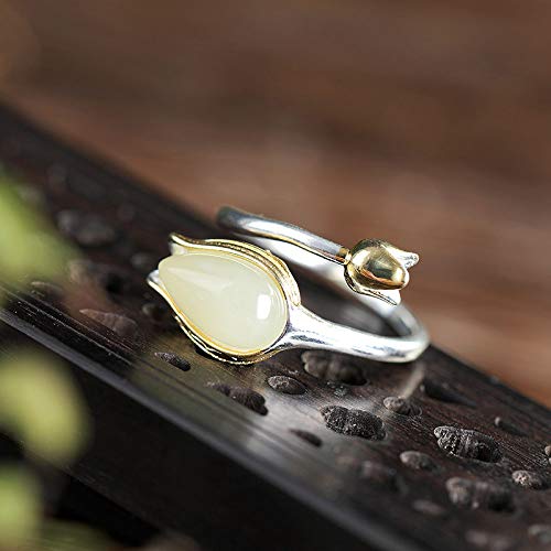 Vintage Estilo Chino S 925 Anillo De Plata Mujer Inlay Abierto Dorado Tulip Jade Regalo Creativo De Moda De Tendencia De Personalidad Temperamento Elegante