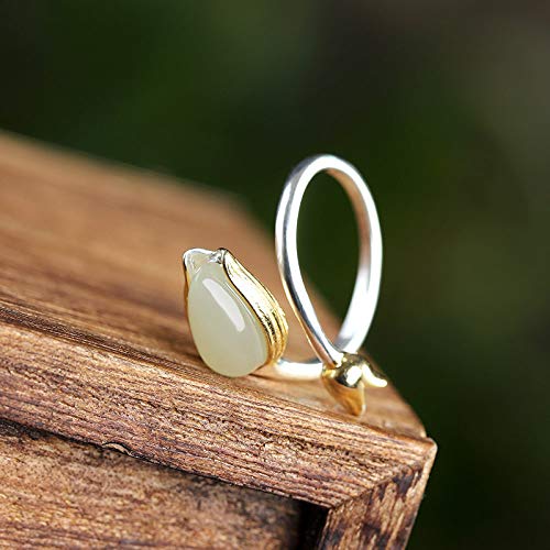 Vintage Estilo Chino S 925 Anillo De Plata Mujer Inlay Abierto Dorado Tulip Jade Regalo Creativo De Moda De Tendencia De Personalidad Temperamento Elegante