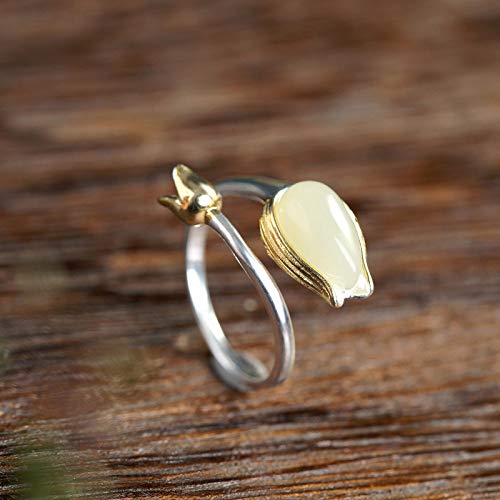 Vintage Estilo Chino S 925 Anillo De Plata Mujer Inlay Abierto Dorado Tulip Jade Regalo Creativo De Moda De Tendencia De Personalidad Temperamento Elegante