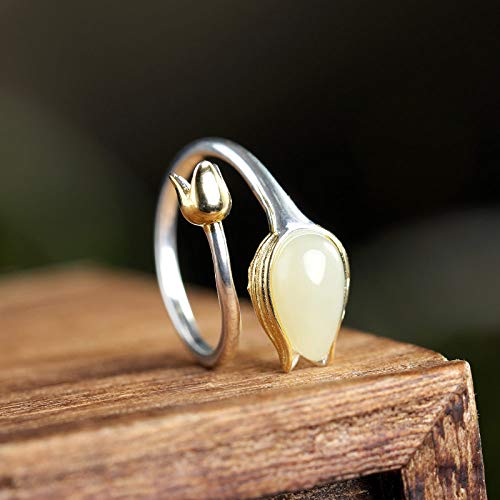 Vintage Estilo Chino S 925 Anillo De Plata Mujer Inlay Abierto Dorado Tulip Jade Regalo Creativo De Moda De Tendencia De Personalidad Temperamento Elegante