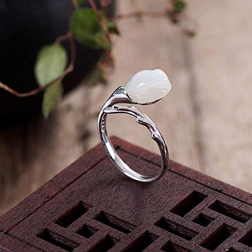 Vintage Estilo Chino S 925 Anillo De Plata Mujer Inlay Abierto Jade Tulip Flores Regalo Creativo De Moda De Tendencia De Personalidad Temperamento Elegante