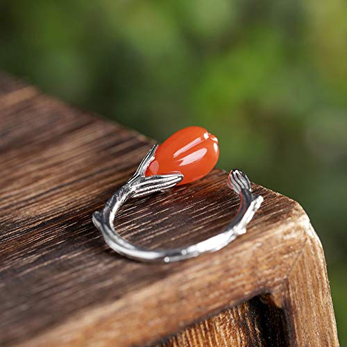 Vintage Estilo Chino S 925 Anillo De Plata Mujer Inlay Abierto Tulip Natural Rojo del Sur Regalo Creativo De Moda De Tendencia De Personalidad Temperamento Elegante