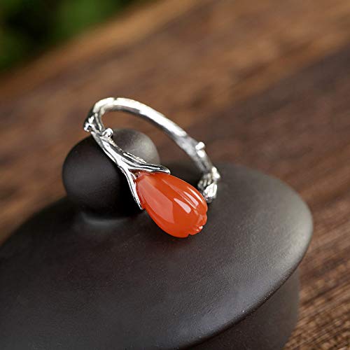 Vintage Estilo Chino S 925 Anillo De Plata Mujer Inlay Abierto Tulip Natural Rojo del Sur Regalo Creativo De Moda De Tendencia De Personalidad Temperamento Elegante