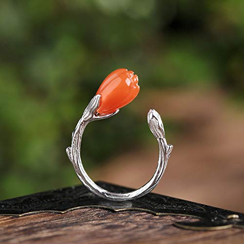 Vintage Estilo Chino S 925 Anillo De Plata Mujer Inlay Abierto Tulip Natural Rojo del Sur Regalo Creativo De Moda De Tendencia De Personalidad Temperamento Elegante