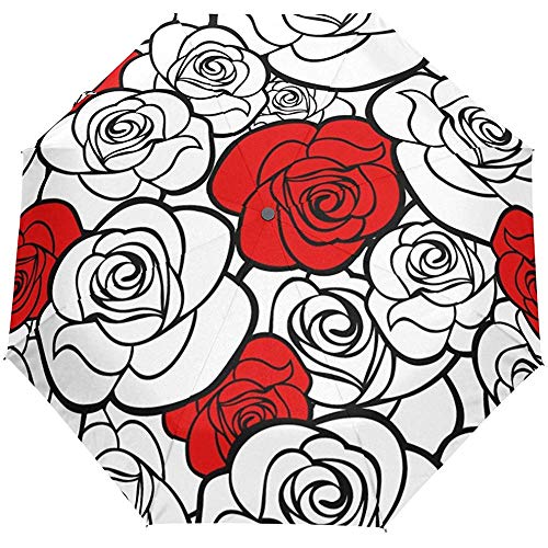 Vintage Floral Flores Rojas Rosa Blanco Auto Abrir Cerrar Sol Lluvia Paraguas
