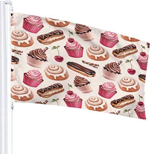 Viplili Banderas Chocolate Eclair Cinnamon Bun and Cupcakes Illust Camper Yard Flags Customized Yard Flags 3x5 Feet Vibrant Colors Polyester and Brass Grommets