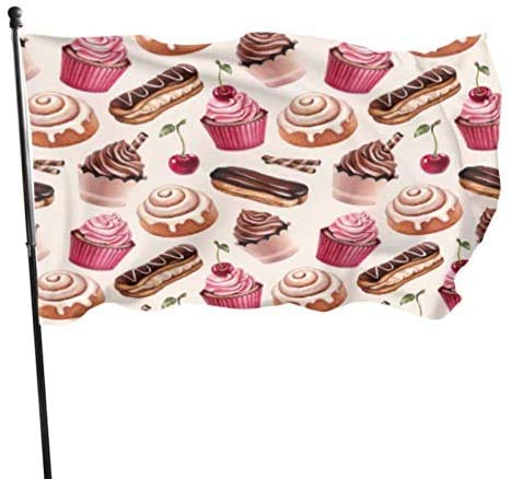 Viplili Banderas Chocolate Eclair Cinnamon Bun and Cupcakes Illust Camper Yard Flags Customized Yard Flags 3x5 Feet Vibrant Colors Polyester and Brass Grommets