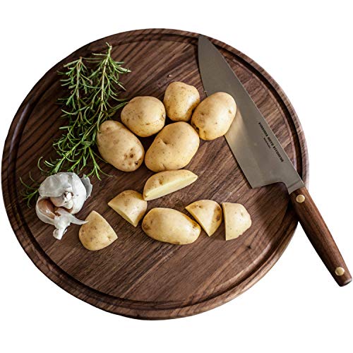 Virginia Boys Kitchens Tabla de Cortar de Nogal Redonda - Grande 34 cm Corte de Madera Dura Estadounidense y Bloque de Encimera Tallado con Muesca para Goteo de Líquidos