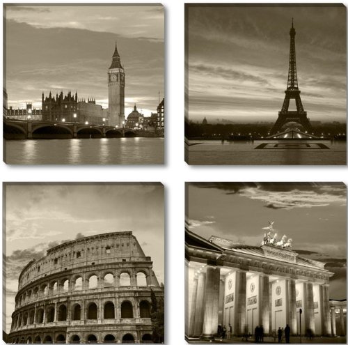 Visario 6604 - Fotografía sobre Lienzo (4 Piezas, 4 x 30 x 30 cm), diseño de Londres, París, Roma y Berlín