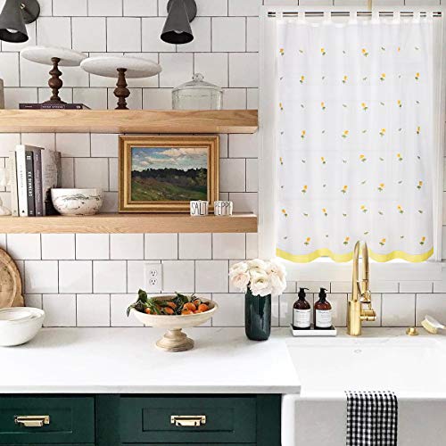 VISTE TU HOGAR Cortina Corta para Cocina de Visilo, Estilo Simple y Elegante 140 x 145cm, Flores Amarillas