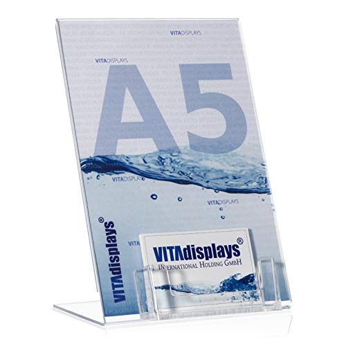 VITAdisplays - Expositor de Publicidad con Compartimento para Tarjetas de Visita, plexiglás, Transparente, DIN A5 + Visera, 2