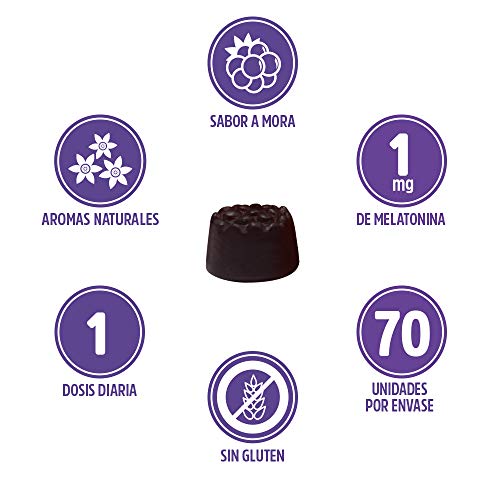 VITALDIN Melatonina gummies - 1 mg por dosis diaria - 60 gominolas + 10 gratis (suministro para 2 meses), sabor a Mora - Ayuda a Conciliar el Sueño - Sin Gluten - Apto para Niños & Adultos