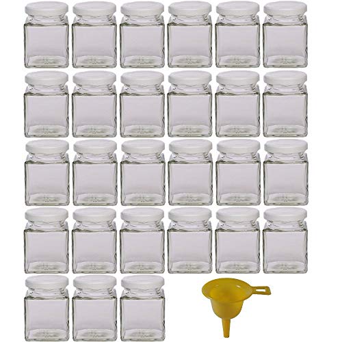 Viva-artículos de Uso doméstico - 27 tarros de Mermelada pequeños 106 ml con Tapa de Color Blanco/para confituras, Especias, Sales, aceites - Incluye Embudo