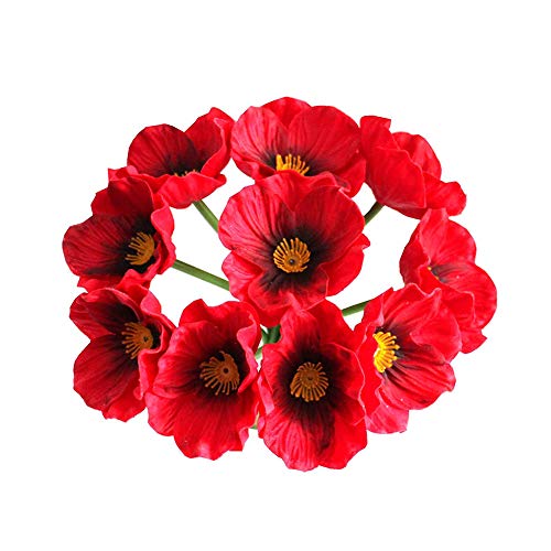 VKTY Flores artificiales de amapola, 10 piezas de adorno de amapola de poliuretano de tacto real, 32 cm de maíz rojo, amapolas de tallo largo realistas, para arreglos florales, manualidades