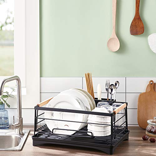 Vocheer - Juego de escurridor de platos y escurridor de acero inoxidable para mostrador de cocina grande con escurridor desmontable, color negro