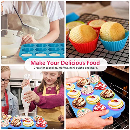 Vockvic Moldes de Silicona para Magdalenas, 12 Piezas Molde para Magdalenas Reutilizables con Recubrimiento Antiadherente, Moldes de horneado de Colores del Arcoíris, para Pudín de Brownies de Cookies