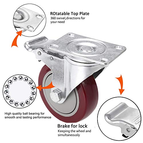 Voluker Set de 4 Ruedas Giratorias para Muebles con Freno, 100mm Ruedas Pivotantes Ruedas, Capacidad de carga máxima 400 KG