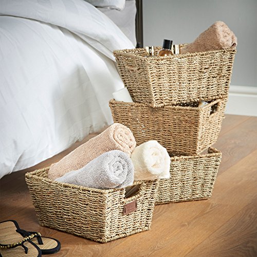 VonHaus Seagrass Cestas Mimbre Decoración Cesto de Almacenaje Juego de cestas de Almacenamiento VonHaus con Asas, 4 Unidades