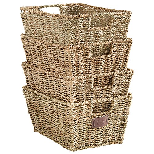VonHaus Seagrass Cestas Mimbre Decoración Cesto de Almacenaje Juego de cestas de Almacenamiento VonHaus con Asas, 4 Unidades