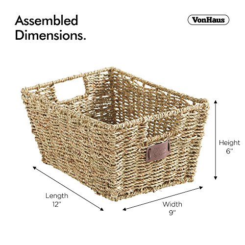 VonHaus Seagrass Cestas Mimbre Decoración Cesto de Almacenaje Juego de cestas de Almacenamiento VonHaus con Asas, 4 Unidades