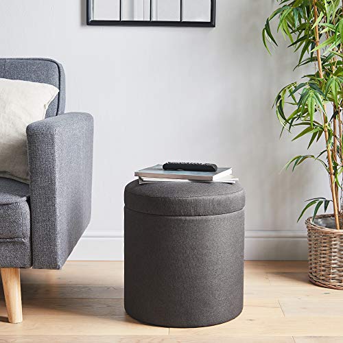 VonHaus Taburete de Almacenamiento Redondo - Carbón - Reposapiés / Puff - Pequeño - Tejido de Lona y Marco de MDF - Organizador / Asiento - Sala de Estar / Dormitorio