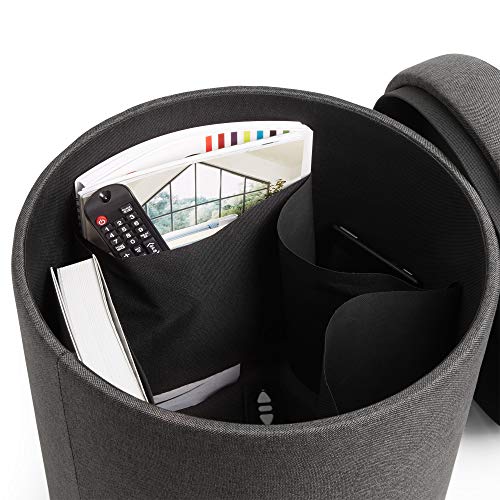 VonHaus Taburete de Almacenamiento Redondo - Carbón - Reposapiés / Puff - Pequeño - Tejido de Lona y Marco de MDF - Organizador / Asiento - Sala de Estar / Dormitorio
