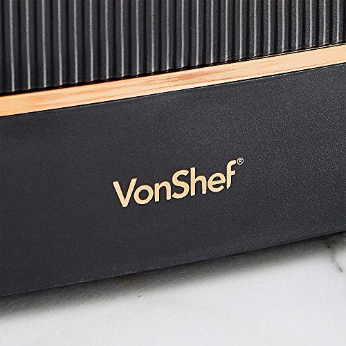 VonShef Tostadora de Pan de 2 Rebanadas Color Negro y Cobre – Control Variable de 6 Niveles, Bandeja para Migas y Funciones de Descongelar, Recalentar y Cancelar – Ranura Ancha 32mm