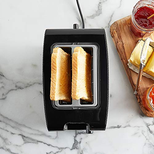 VonShef Tostadora de Pan de 2 Rebanadas Color Negro y Cobre – Control Variable de 6 Niveles, Bandeja para Migas y Funciones de Descongelar, Recalentar y Cancelar – Ranura Ancha 32mm