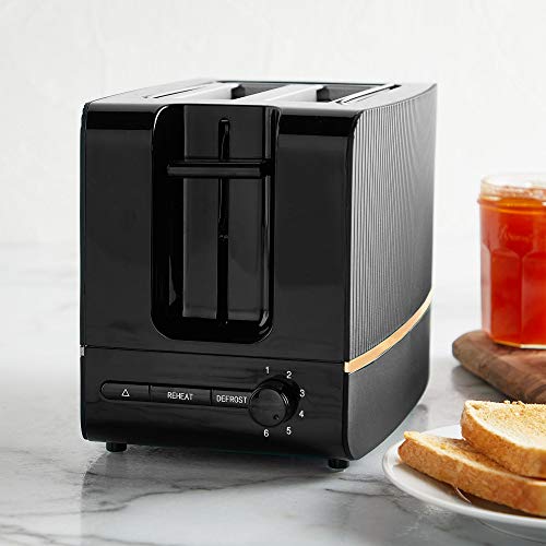 VonShef Tostadora de Pan de 2 Rebanadas Color Negro y Cobre – Control Variable de 6 Niveles, Bandeja para Migas y Funciones de Descongelar, Recalentar y Cancelar – Ranura Ancha 32mm