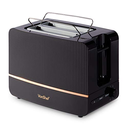 VonShef Tostadora de Pan de 2 Rebanadas Color Negro y Cobre – Control Variable de 6 Niveles, Bandeja para Migas y Funciones de Descongelar, Recalentar y Cancelar – Ranura Ancha 32mm