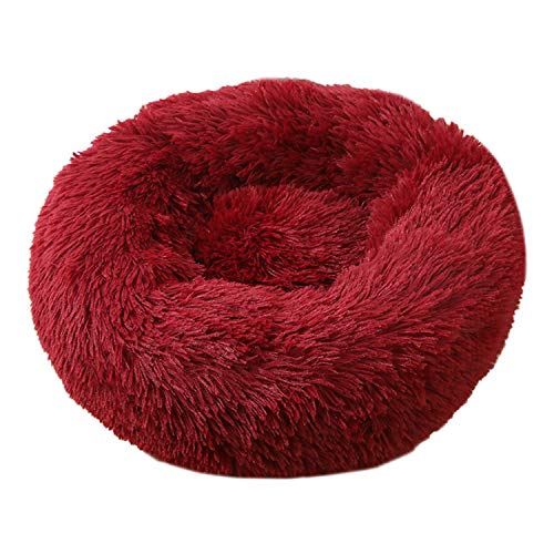 Voqeen Cama de peluche para perro con donut de peluche redonda y cálida para perrito suave, cojín para sofá, gato, color rojo vino