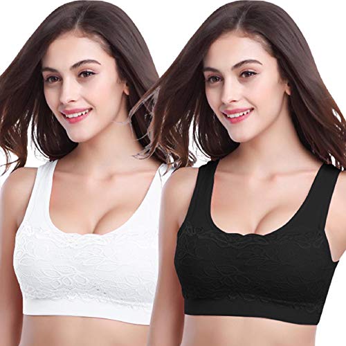 Voqeen Sujetador sin Costuras de Encaje para Mujer Bralette Acolchado con Tirantes Anchos Bandeau Camisola Comfort Emulsión elásticos Sujetador Deportivo de Encaje para Mujer y niñas