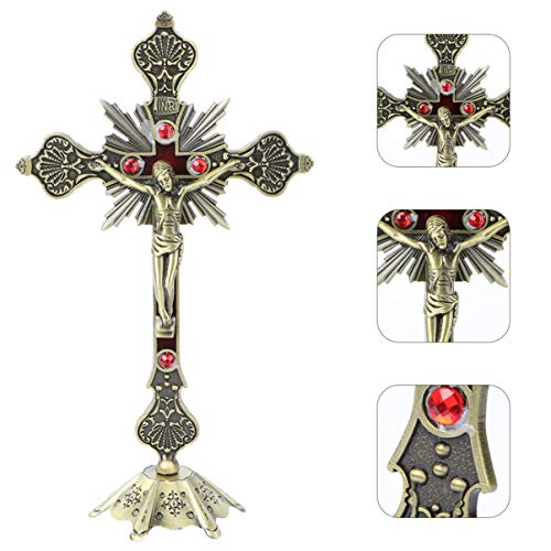 VOSAREA - Crucifijo de pie para mesa de Jesucristo en crucifijo de metal para reinstonar el corpus de metal y escultura para el santuario de la iglesia del hogar