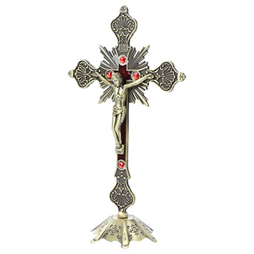 VOSAREA - Crucifijo de pie para mesa de Jesucristo en crucifijo de metal para reinstonar el corpus de metal y escultura para el santuario de la iglesia del hogar