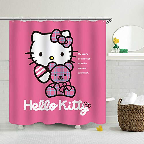 vrupi Linda Caricatura pequeña Princesa Hello Kitty baño Impermeable Cortina de baño Dormitorio decoración baño Cortina poliéster Tejido Impermeable Que Incluye 12 Ganchos de plástico 71x71 Pulgadas