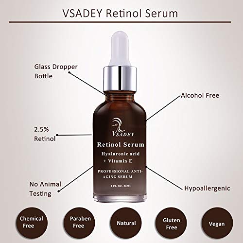 Vsadey Serum con Retinol Cara de 2,5% con ácido hialurónico vitamina E suero Antiarrugas antienvejecimiento para la piel. Mejora los bolsillos debajo del suero para los ojos 30ml