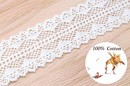 VU100 -Cinta de Encaje Flor, 100% Algodón Natural, Lavable, Ganchillo, Ribetes, Collage, para Decoración de Boda, Regalo, Cinta, Manualidades (Longitud:10 Yds; Ancho:2.5 cm;Blanco A)