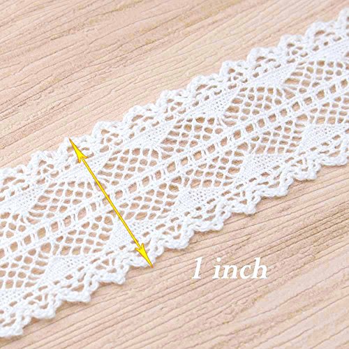 VU100 -Cinta de Encaje Flor, 100% Algodón Natural, Lavable, Ganchillo, Ribetes, Collage, para Decoración de Boda, Regalo, Cinta, Manualidades (Longitud:10 Yds; Ancho:2.5 cm;Blanco A)