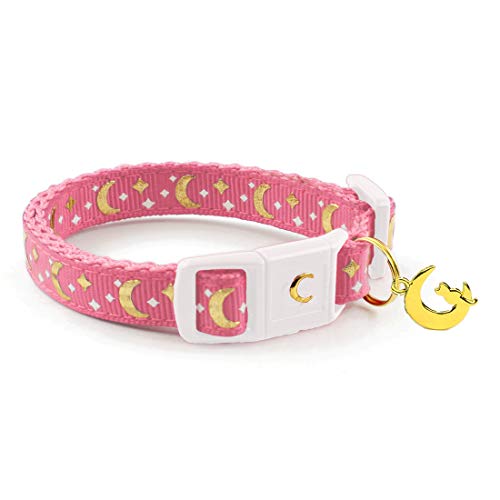Waaag Collar para mascotas de color dorado con estrellas y lunas, de liberación rápida, brilla en la oscuridad (tamaño estándar, cuello de 9 a 38 cm, color rosa coral)