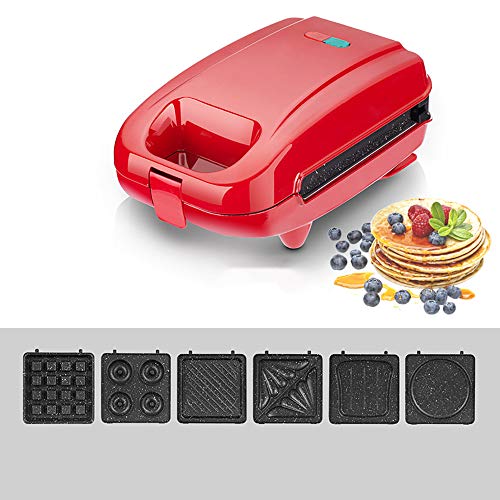 Waflera Electrica,MáQuina De Desayuno Sandwich Multifuncional Mango Anti Escaldado Humanizado Puede Hacer Rosquillas, Crepes, Pasteles, MáQuinas De Panini,Red-6baking-trays