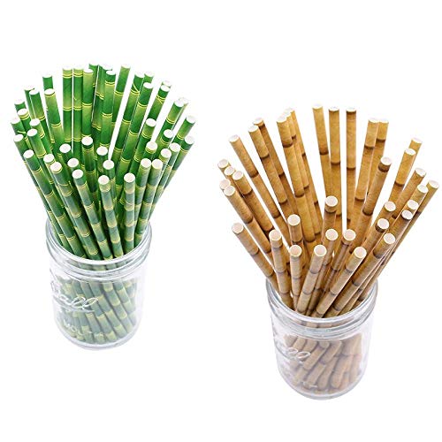 WANGJIAHAO Pajitas De Papel con Diseño De Bambú De Rayas Marrones Verdes, Pajita De Cóctel De Jugo para Boda, Cumpleaños, Bar, Pub, Suministros para Fiestas En La Selva