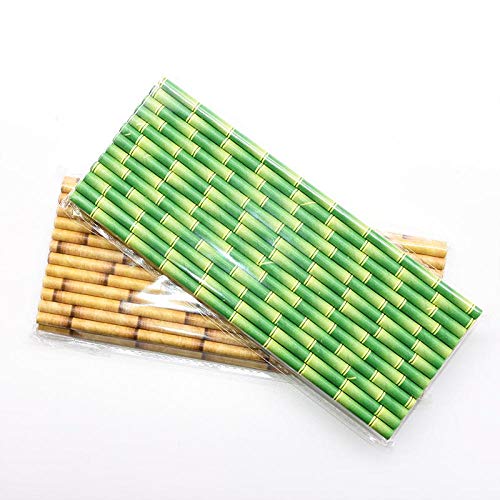 WANGJIAHAO Pajitas De Papel con Diseño De Bambú De Rayas Marrones Verdes, Pajita De Cóctel De Jugo para Boda, Cumpleaños, Bar, Pub, Suministros para Fiestas En La Selva