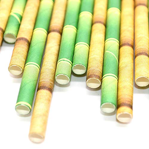 WANGJIAHAO Pajitas De Papel con Diseño De Bambú De Rayas Marrones Verdes, Pajita De Cóctel De Jugo para Boda, Cumpleaños, Bar, Pub, Suministros para Fiestas En La Selva