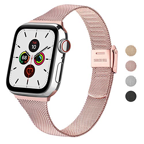 Wanme Correa Compatible con Apple Watch Correa 44mm 42mm 40mm 38mm, Estrecha y Fina Pulsera de Repuesto de Acero Inoxidable Hebilla de Metal para iWatch Series 5 4 3 2 1 (38mm/40mm, Rosa)