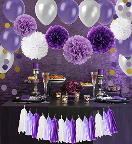 Wartoon 33 Pcs Papel Pom Poms Flores Tissue Globo Tassel Garland Polka Dot Kit de Guirnalda de Papel para las Decoraciones del Banquete de Boda de Cumpleaños - Negro y Dorado