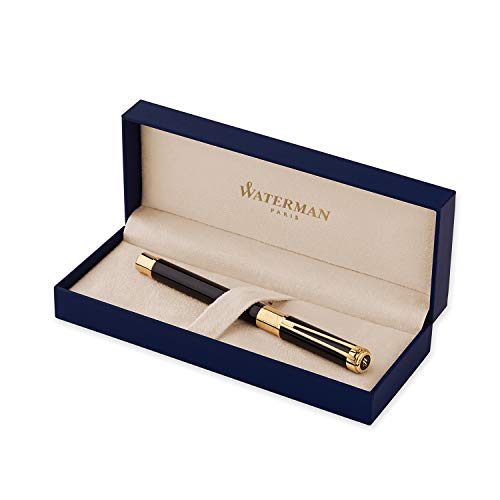 Waterman Perspective  - Pluma estilográfica, color negro brillante con clip de oro de 23 quilates, plumín mediano con cartucho de tinta azul, estuche de regalo