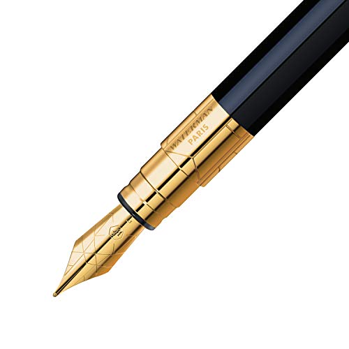 Waterman Perspective  - Pluma estilográfica, color negro brillante con clip de oro de 23 quilates, plumín mediano con cartucho de tinta azul, estuche de regalo